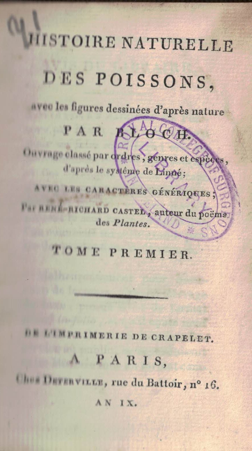 Histoire Naturelle Des Poissons Avec Les Figures Dessines D'Aprs Nature. Volume I only.