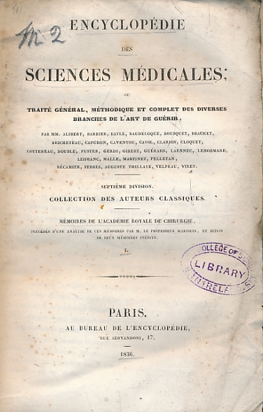 Encyclopdie des Sciences Mdicales. Septime Division. Mmoires de l'Acadmie Royale de Chirurgie.