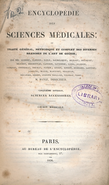 Encyclopdie des Sciences Mdicales. Cinquime Division. Chimie Mdicale.