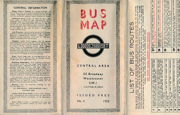 Bus Map. London Transport. Central Area. Number 4. 1935.