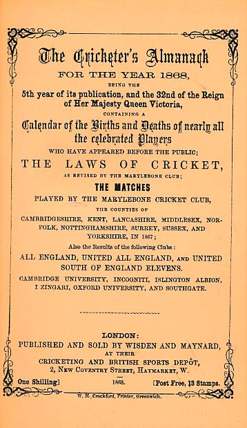 Wisden Cricketers' Almanack 1868. 5th edition. Facsimile reprint.