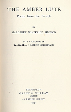 SIMPSON, MARGARET WINEFRIDE - The Amber Lute: Poems from the French