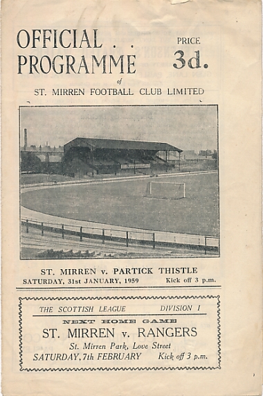 St Mirren v. Partick Thistle. Saturday 31st January 1959. Official Programme.