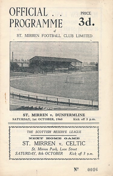 St Mirren v. Dunfermline. Saturday 1st October 1960. Official Programme.