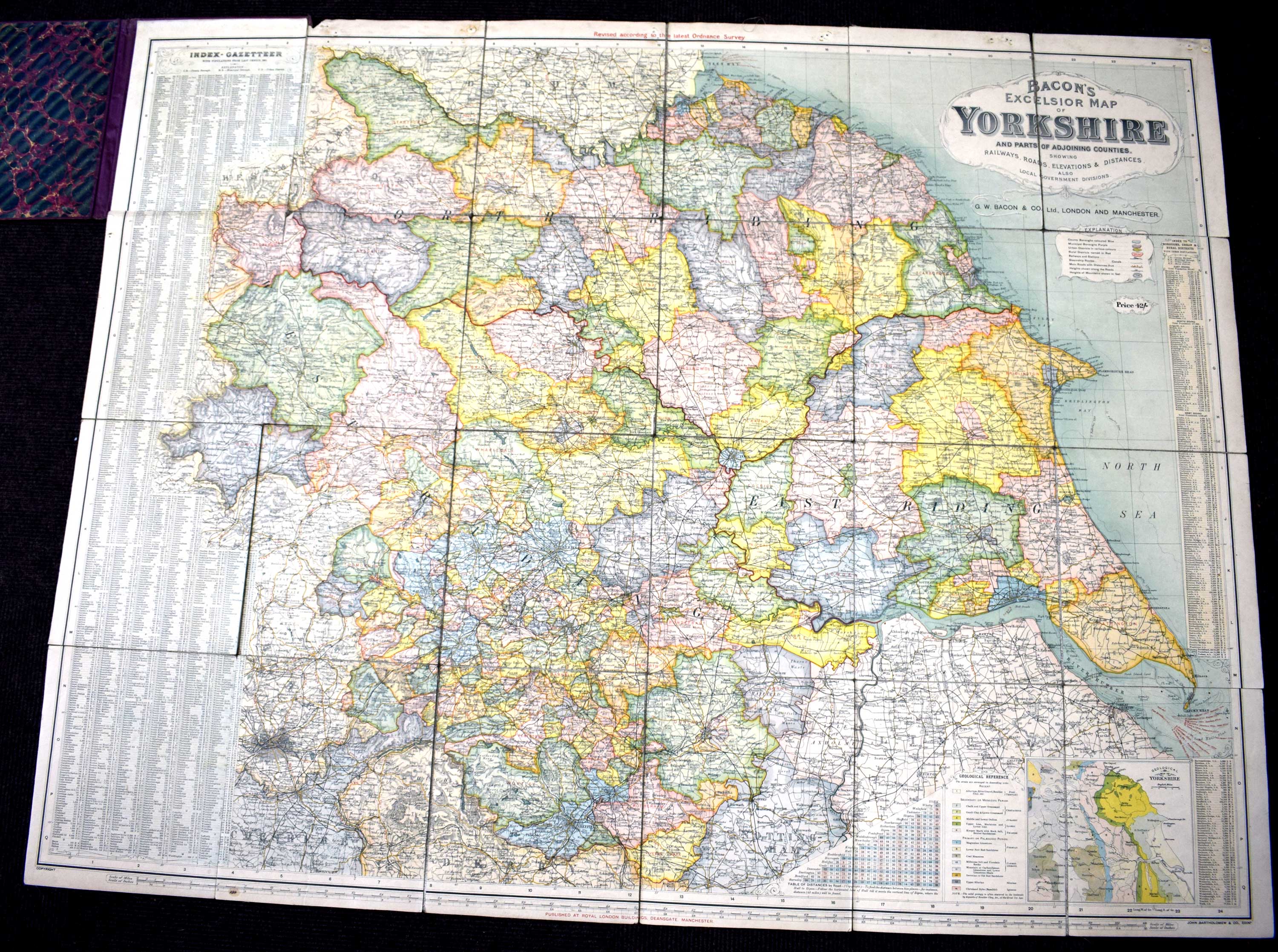 Bacon's Excelsior Map of Yorkshire and Part of Adjoining Counties showing Railways, Roads, Elevations and Distances Also Local Government Divisions