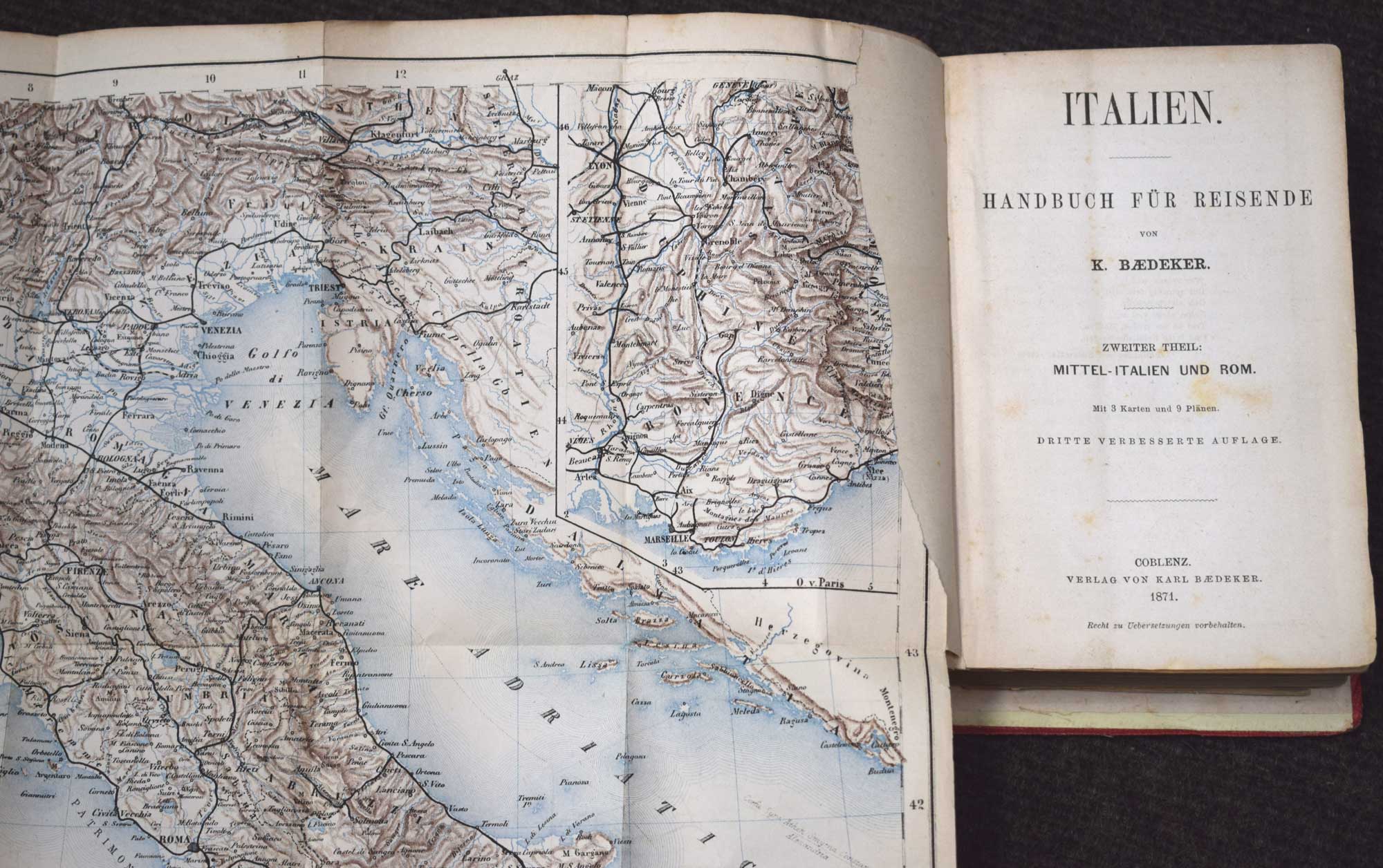 Italien. Handbuch fr Reisende. Zweiter Theil. Mittel-Italien und Rom. 3rd edition. 1871.