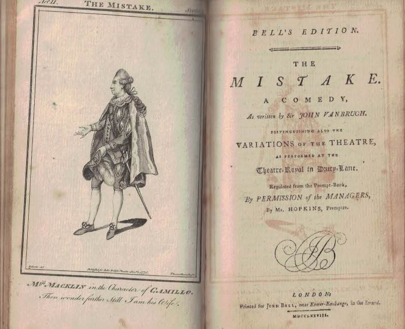 Bell's British Theatre. Volume 19. English Plays; Being the Tenth Volume of Comedies. Volpone by Ben Johnson; Country Lasses by Mr C Johnson; Mistake by Sir John Vanbrugh; Gamesters as altered from Shirley; The Lady's Last Stake by Colley Cibber.