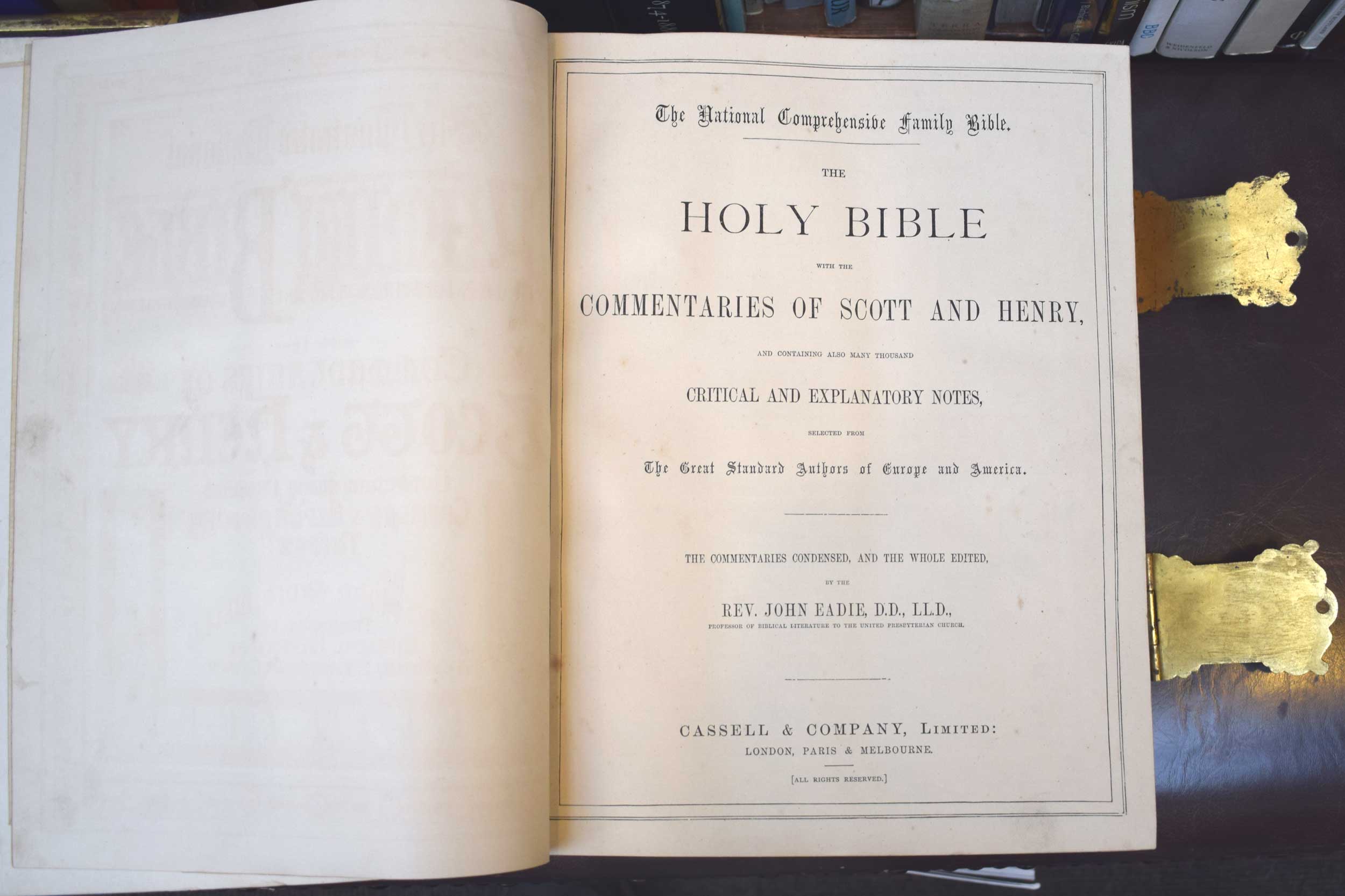 The Illustrated National Family Bible with the Commentaries of Scott and Henry with metal clasps. Cassell edition.