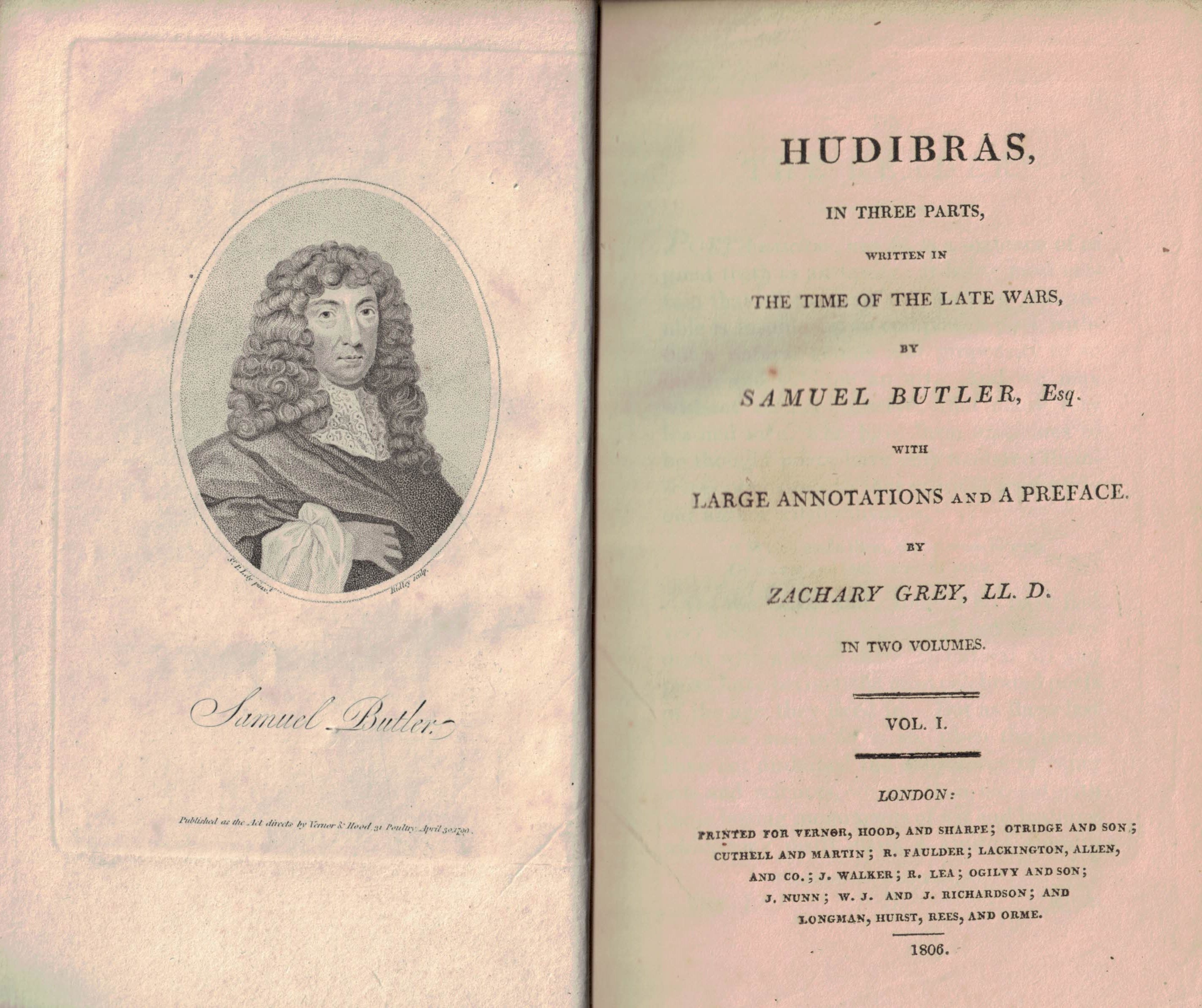 Hudibras, in Three Parts, Written in the Time of The Late Wars. With Large Annotations and a Preface by Zachary Grey. Volume 1 only. 1806.