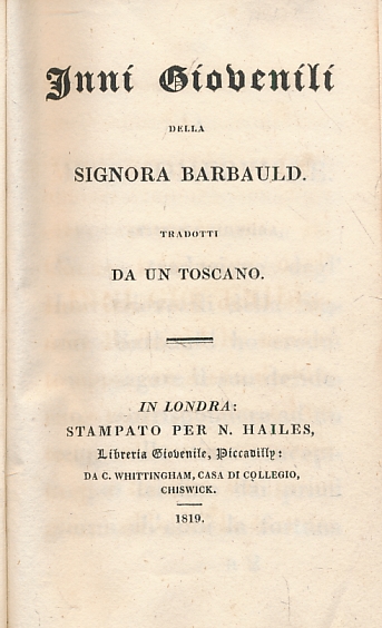 Inni Giovenili [Youth Hymns] della Signora Barbauld. Tradotti da un Toscano.
