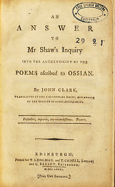 An Answer to Mr Shaw's Inquiry into the Authenticity of the Poems Ascribed to Ossian