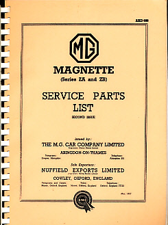 MG Magnette (series ZA and ZB) Service Parts List. Second Issue. Facsimile Reprint.