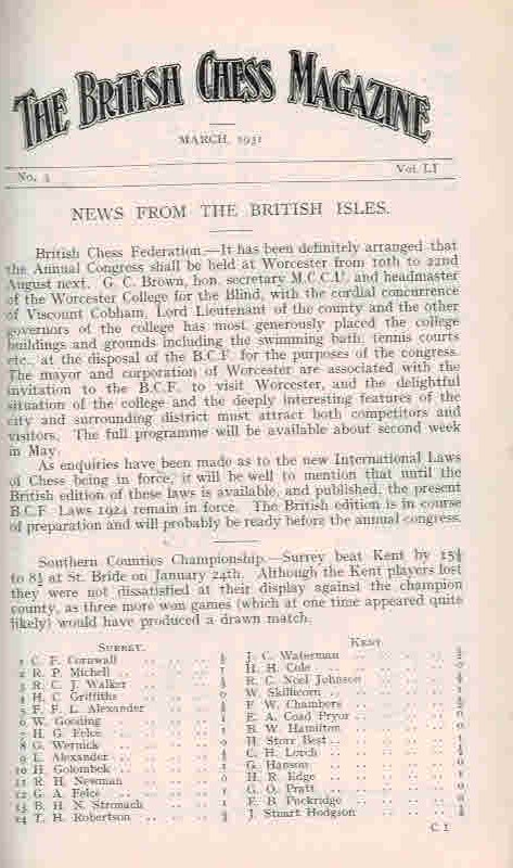 The British Chess Magazine. Volume LI [51]. January to December. 1931.
