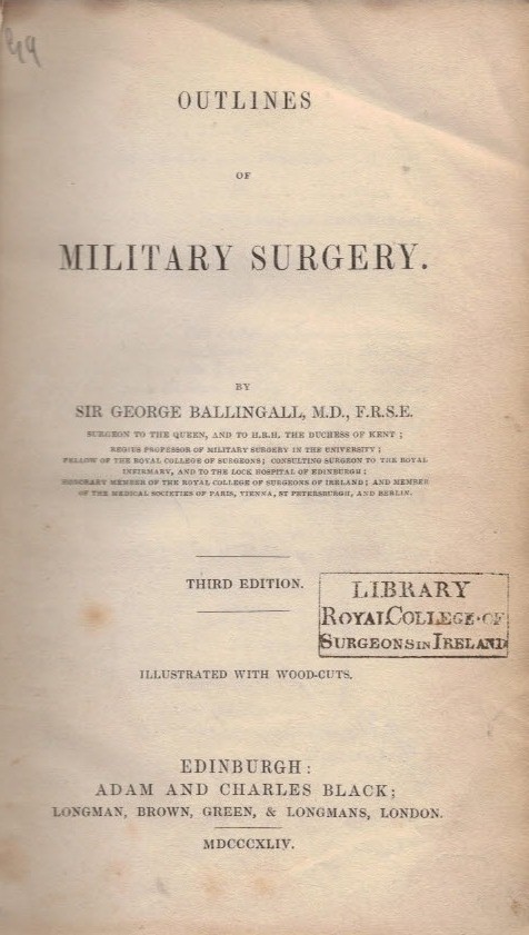 Outlines of Military Surgery. Author's inscription.