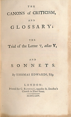 The Canons of Criticism, and Glossary; The Trial of the Letter y, Alias Y, and Sonnets.  The Canons of Criticism and Glossary, Being a Supplement to Mr Warburton's Edition of Shakespear.
