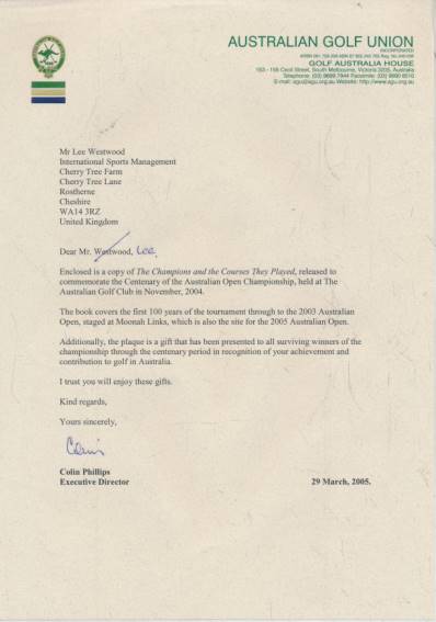 The Champions and the Courses they Played. With Lee Westwood letter.