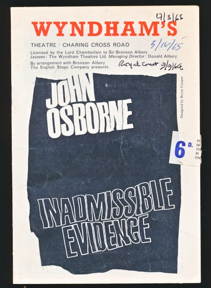 Inadmissible Evidence. Wyndham's Theatre Programme 1965.