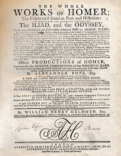 HOMER; POPE, ALEXANDER [TR.]; MELMOTH, WILLAM HENRY [ED.] - The Whole Works of Homer... The Iliad and the Odyssey... Other Productions of Homer... A New and Large Selection Od Most Valuable Notes... Superb Set of Grand Quarto Copper-Plates. 1800. Hogg Edition