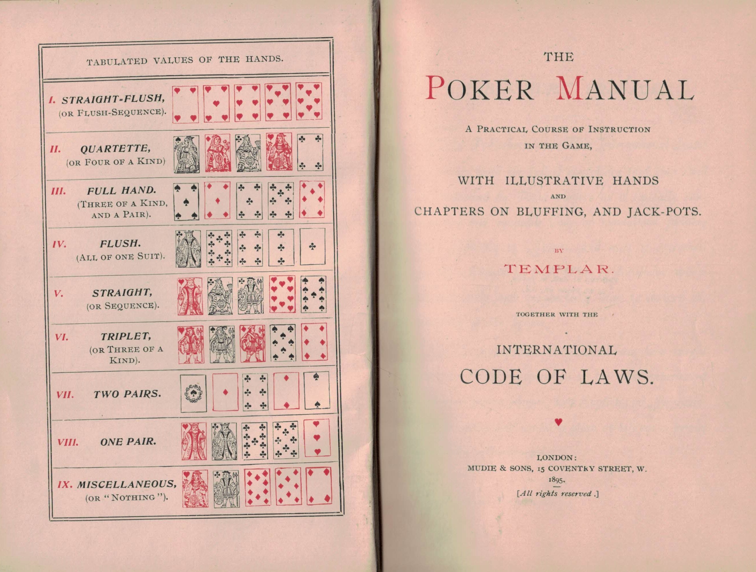 The Poker Manual. A Practical Course of Instruction in the Game, with Illustrative Hands Chapters on Bluffing and Jack-Pots.