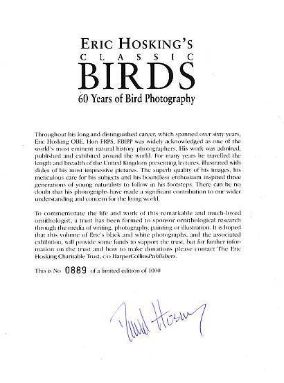 HOSKING, ERIC; FLEGG, JIM [TEXT] - Eric Hosking's Classic Birds. 60 Years of Bird Photography. Signed Limited Edition