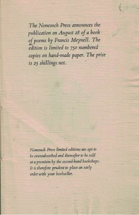 Promotional Pamphlet for a Book of Poems by Francis Meynell. The Nonesuch Press.