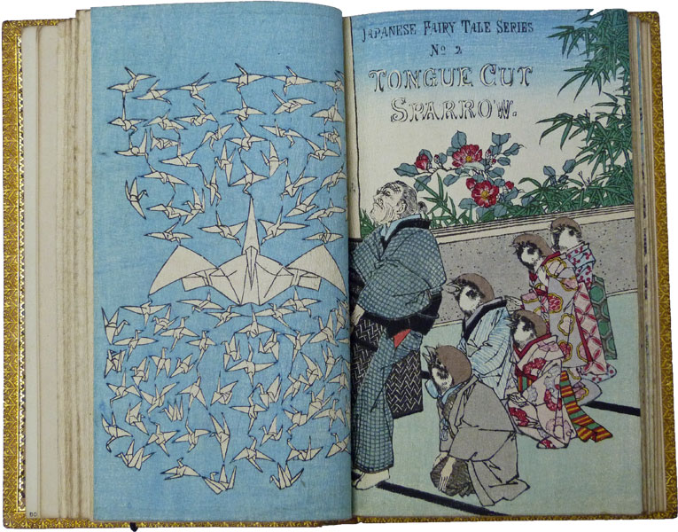 Japanese Fairy Tales. Complete set of English translated stories. Numbers 1 - 20 on crêpe paper bound in five volumes (four stories per volume).