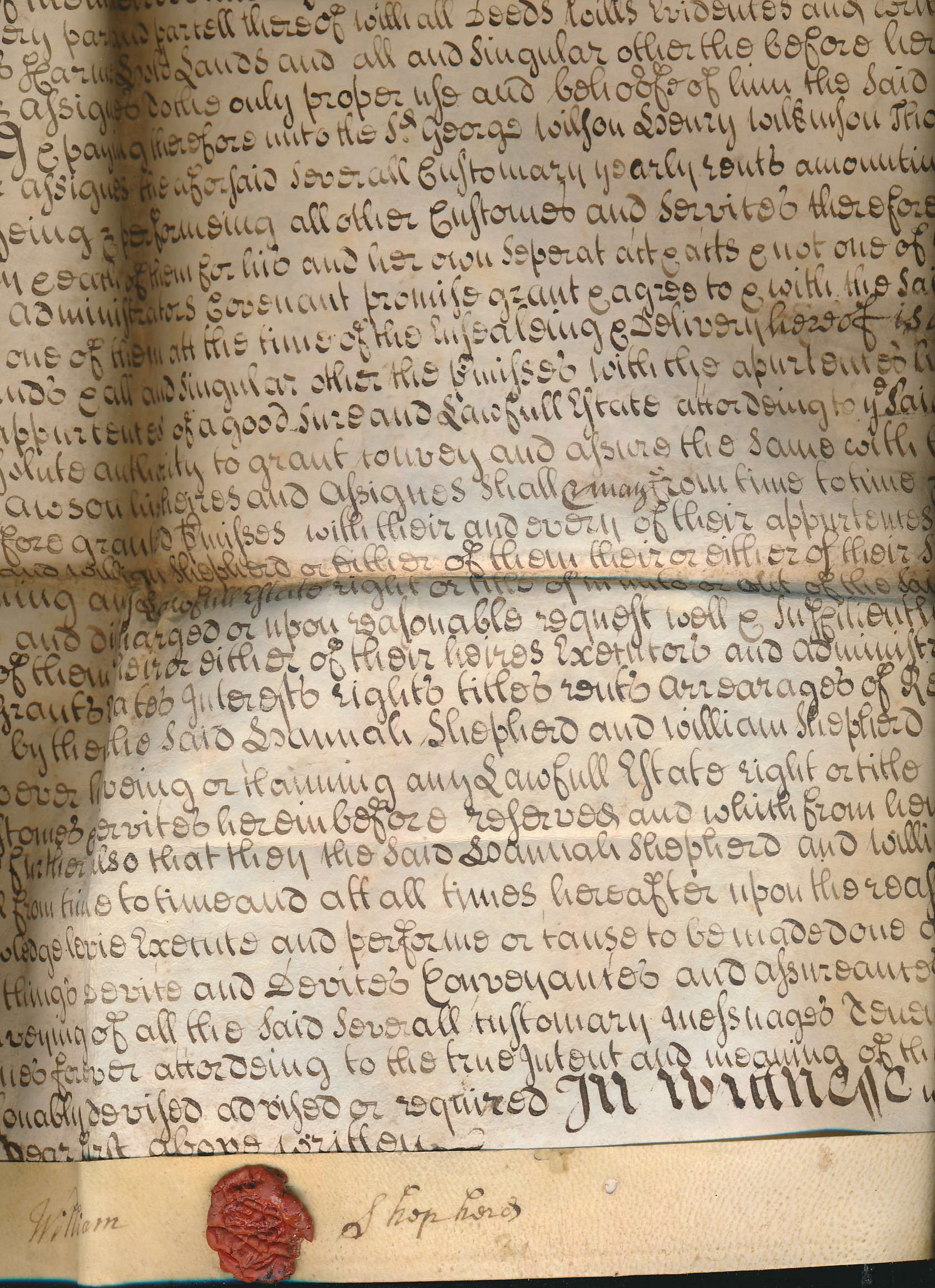 Indenture written between William Shepherd of Kendall and Robert Dawson of Sunderland with seals of William and Hannah Shepherd. 1725.