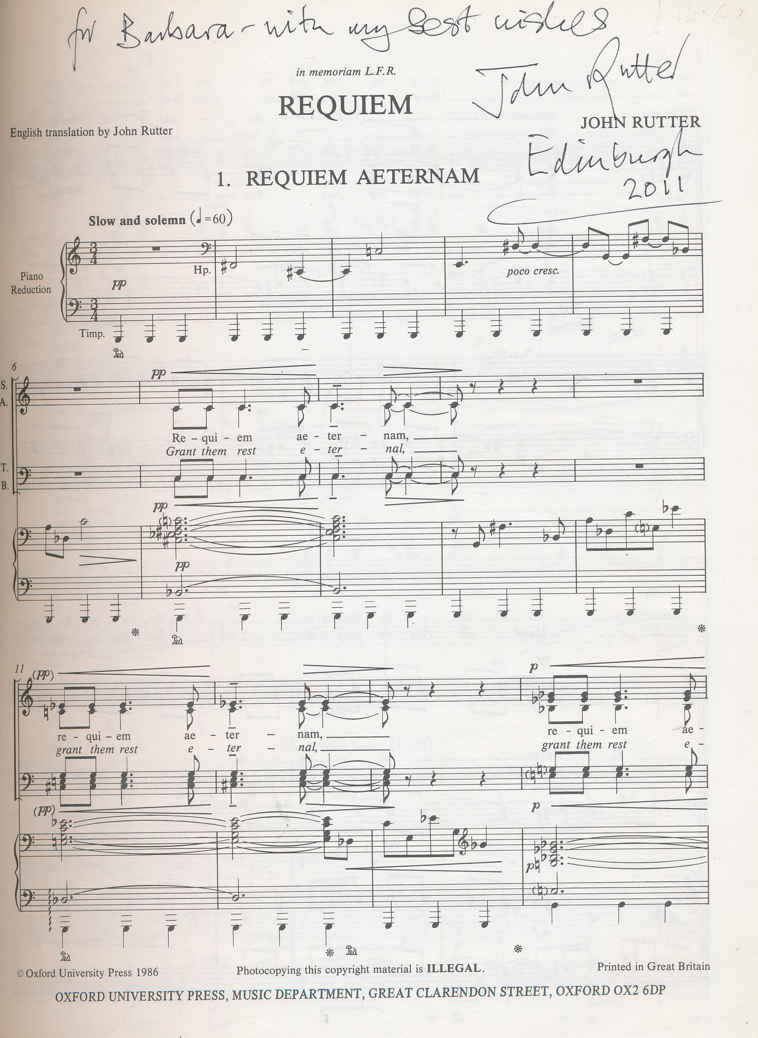Requiem. Vocal Score. Signed copy.