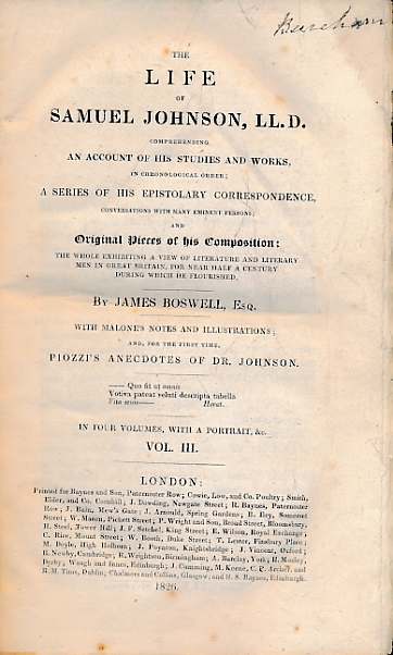 The Life of Samuel Johnson. Volume III only. Baynes edition.