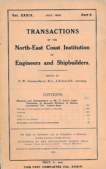 Transactions of the North East Coast Institution of Engineers and Shipbuilders. Volume XXVIX, Pt 8. 1923