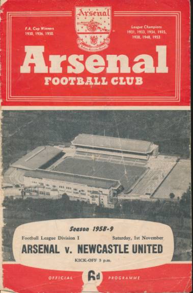 Arsenal v Newcastle United Programme. 1st November 1958.