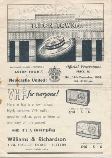 Luton Town v Newcastle United Programme. 12th December 1959.
