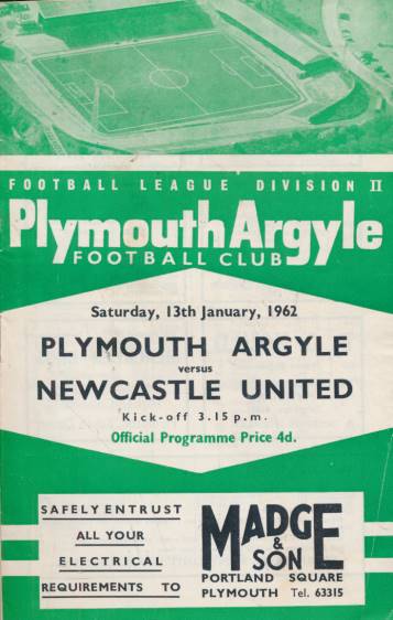 Plymouth Argyle v Newcastle United Programme. 13th January 1962.