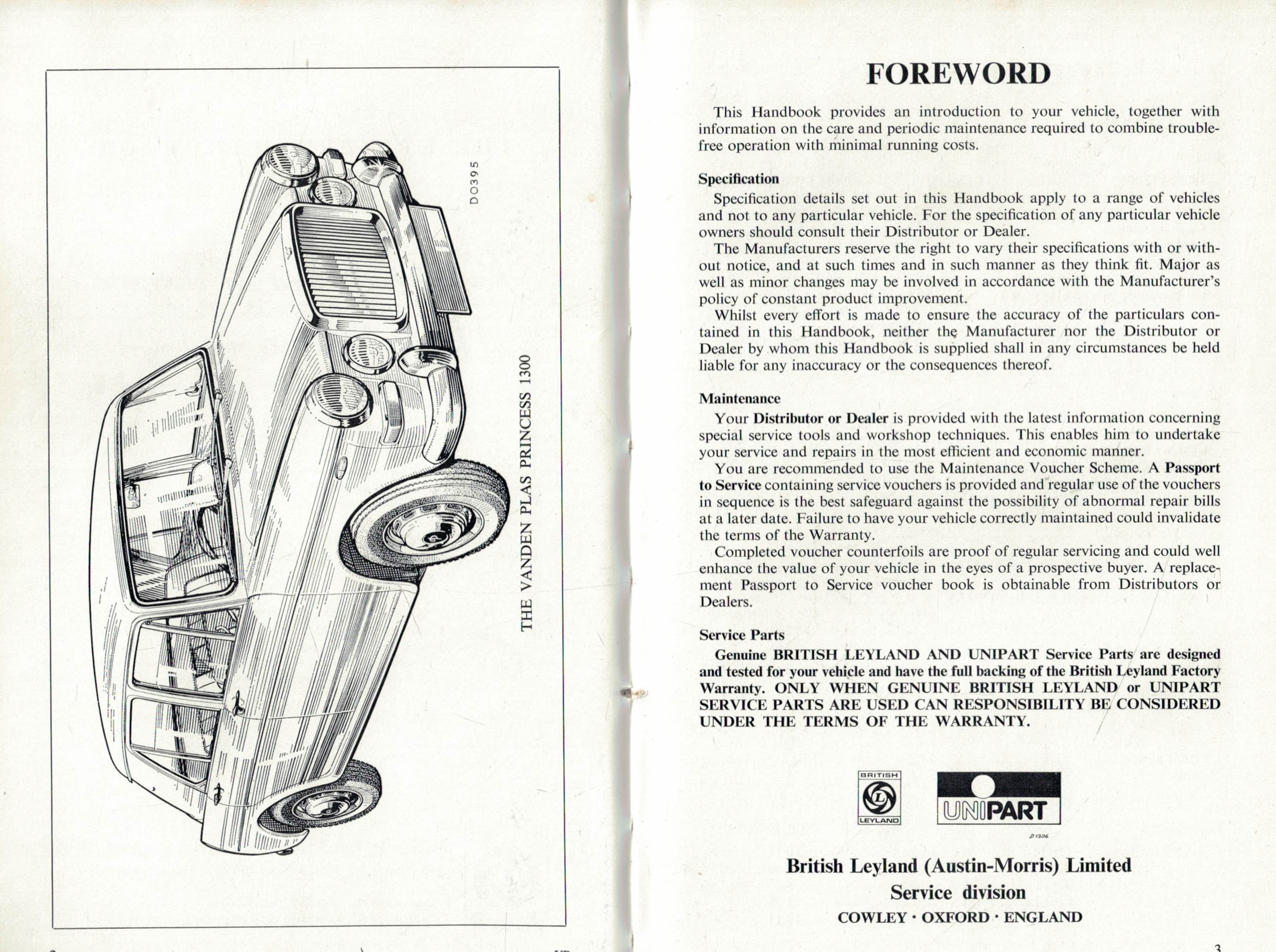 The Driver's Handbook for the Vanden Plas Princess. 1100, 1100 MKII, & 1300.