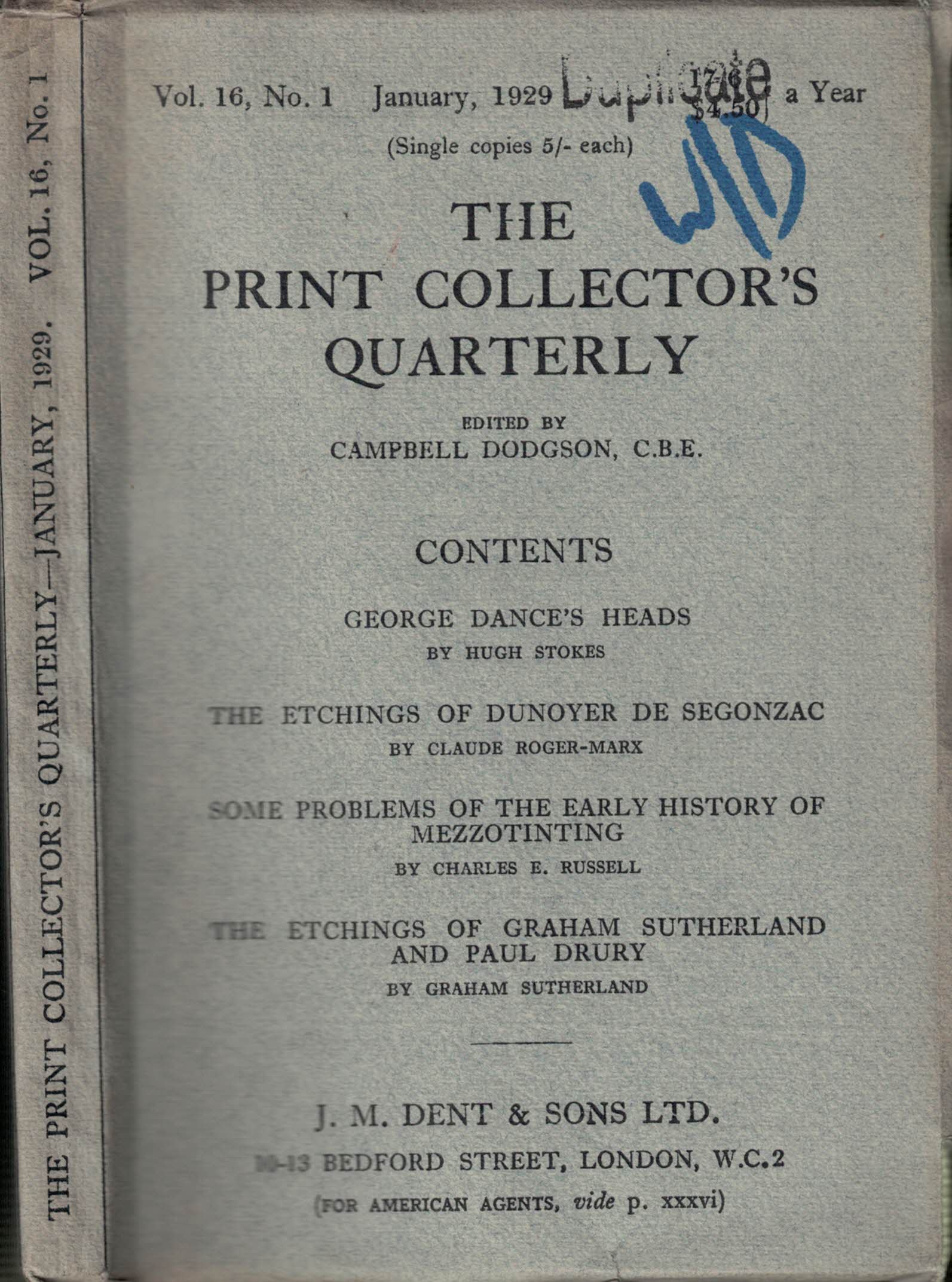 The Print Collector's Quarterly. Volume 16, No. 1. January 1929.