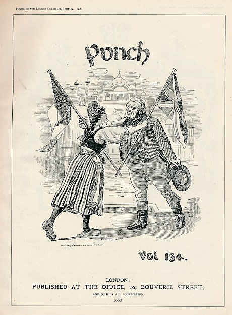 Punch, Or the London Charivari. Brown cloth cover. Jan-June 1908. Volume 134.