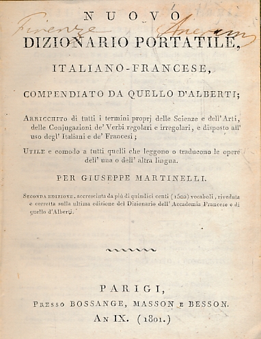 Nuovo Dizionario Portatile, Italiano - Francese, Compendiato da Quello d'Alberti; ...