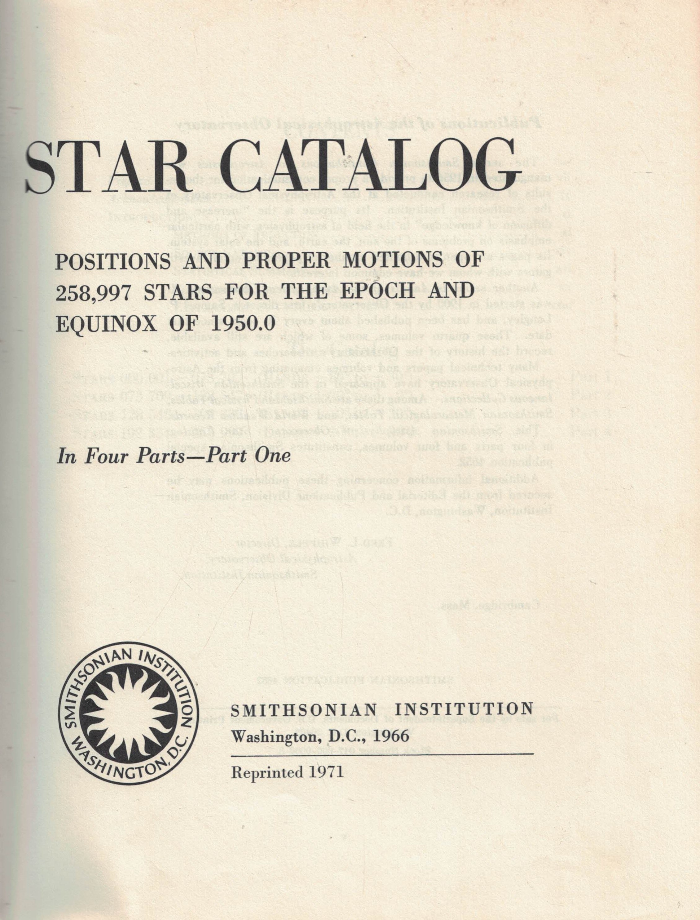 Star Catalog : Smithsonian Astrophysical Observatory. 4 volume set.