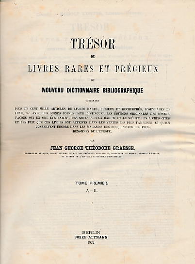 Trésor de Livres Rares et Précieux ou Nouveau Dictionnaire Bibliographique. 7 volumes [of 8].