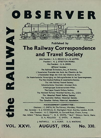 WHITE, D E [ED.] - The Railway Observer. Volume XXVI. August 1956. No 330