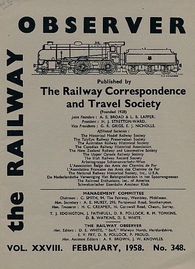 WHITE, D E [ED.] - The Railway Observer. Volume XXVIII. February 1958. No 348