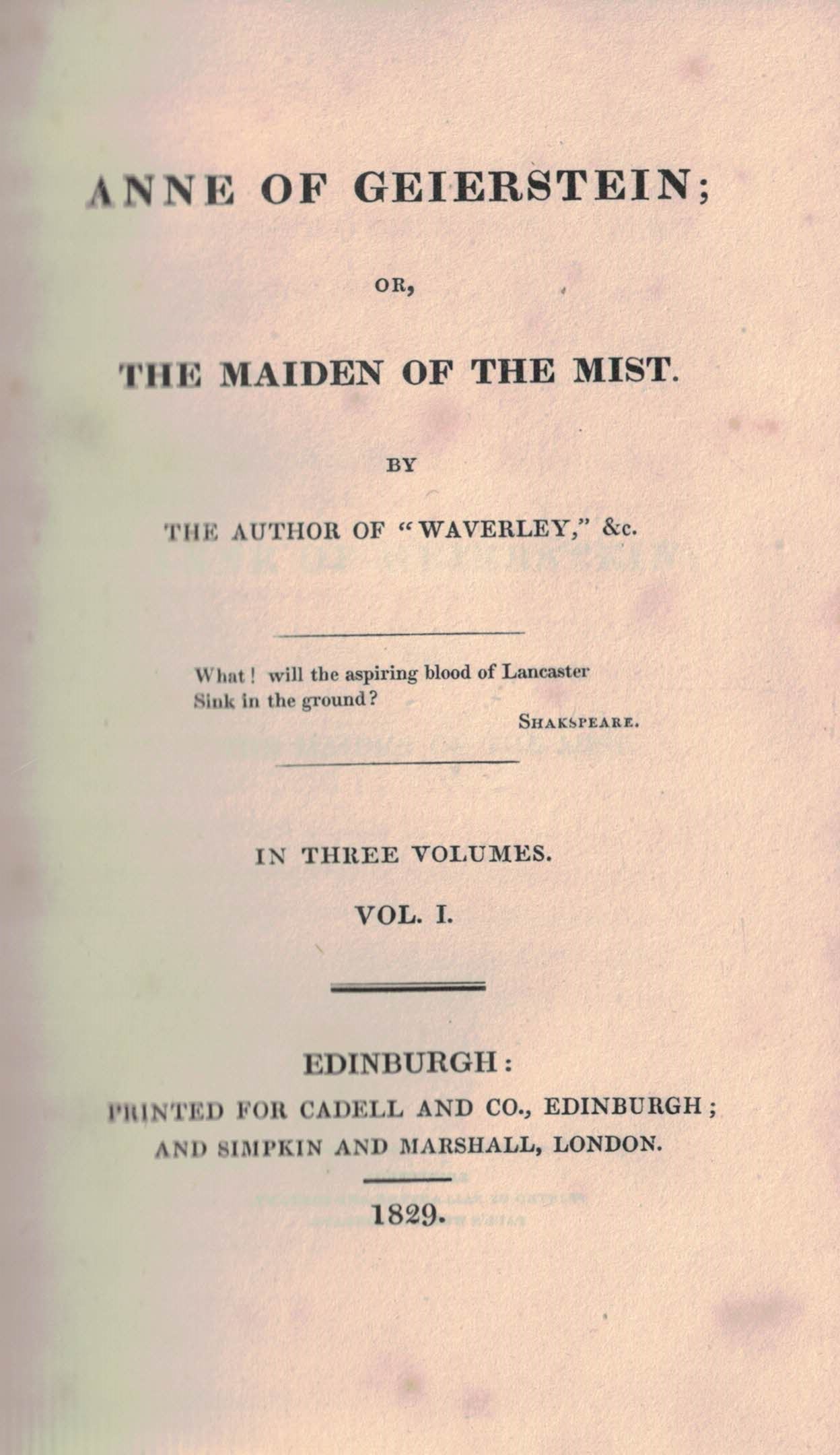 Anne of Geirstein. 3 volume set. Cadell 1829.