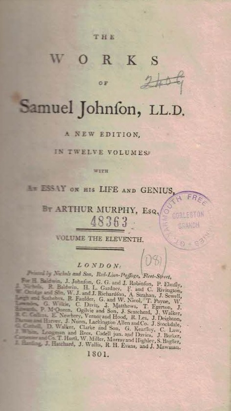 JOHNSON, SAMUEL - The Works of Samuel Johnson LL. D. A New Edition. Volume the Eleventh