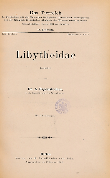 Libytheidae. Volume 14 in Das Tierreich Series