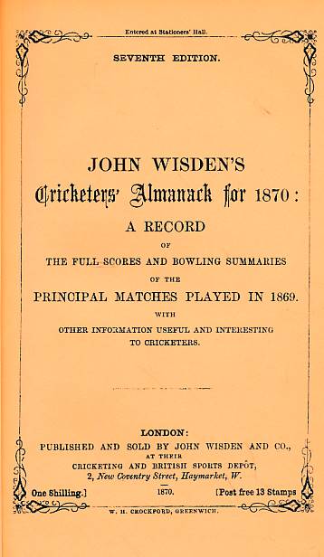 Wisden Cricketers' Almanack 1870. 7th edition. Facsimile reprint.
