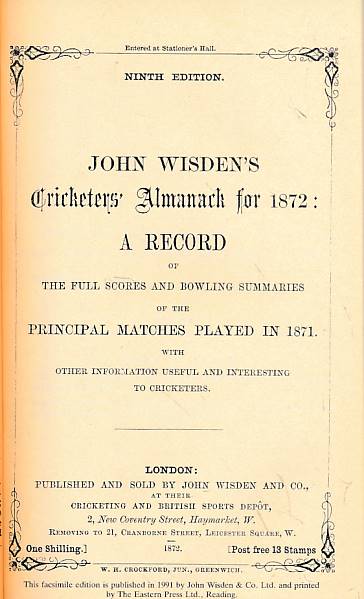 Wisden Cricketers' Almanack 1872. 9th edition. Facsimile reprint.