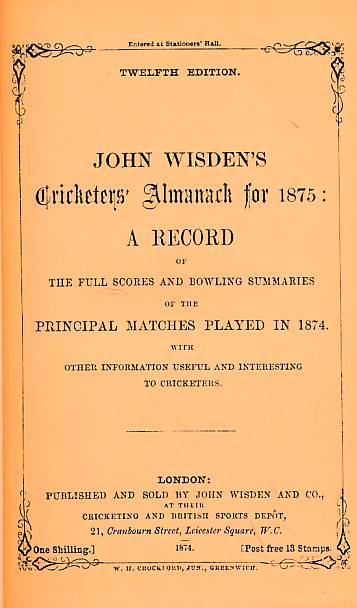 Wisden Cricketers' Almanack 1875. 12th edition. Facsimile reprint.