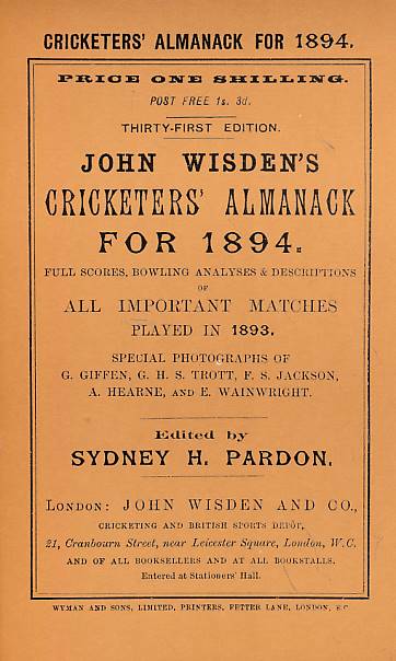 Wisden Cricketers' Almanack 1894. 31st edition. Willows reprint.
