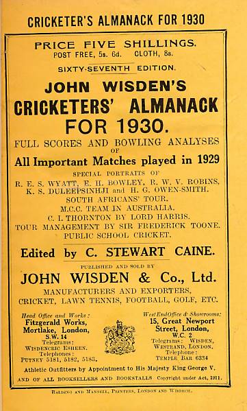 Wisden Cricketers' Almanack 1930. 67th edition.