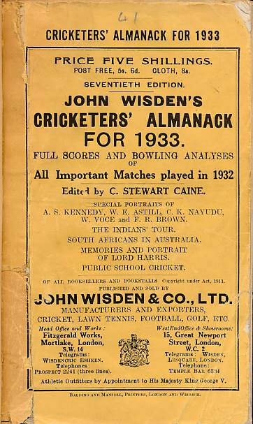 Wisden Cricketers' Almanack 1933. 70th edition.